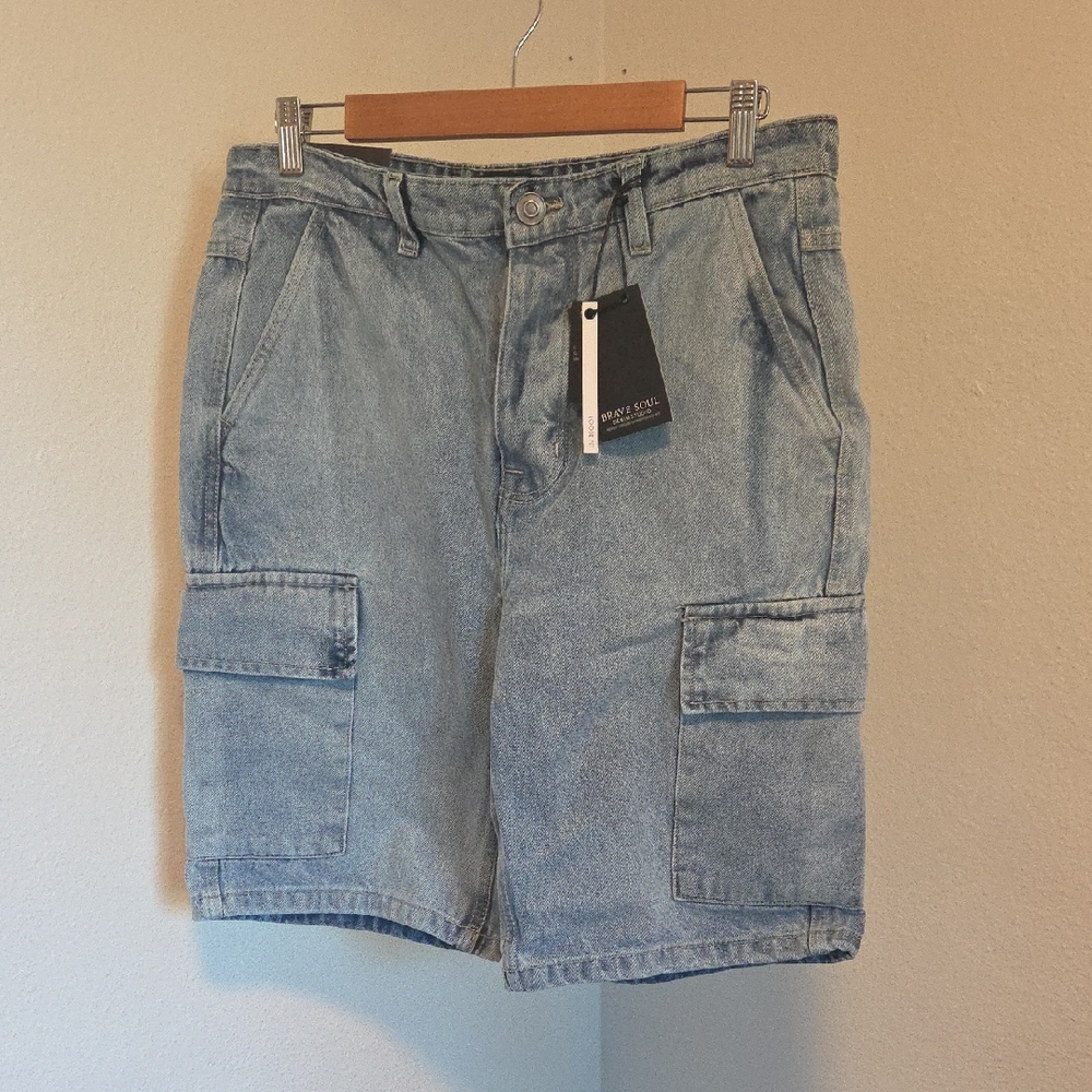 Brave Soul Casual Light Blue Cargo Denim Shorts for Men